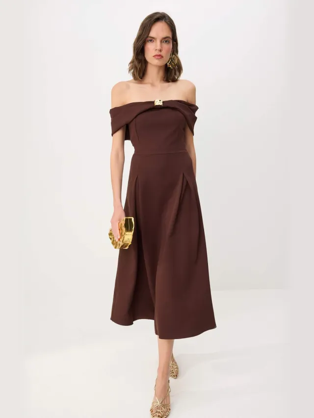 Trendyol TRENDYOLMİLLA Dames Bruin Effen Midi Mouwloos Skater Jurken
