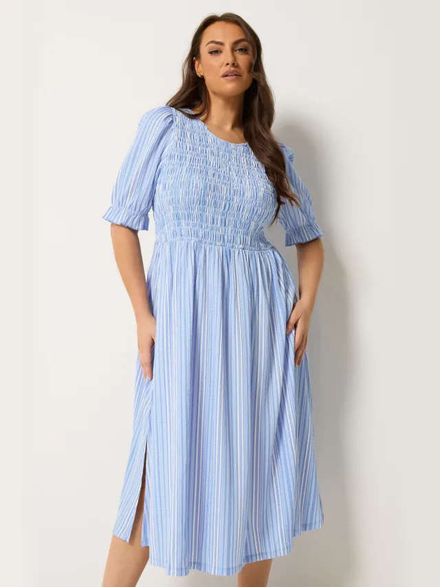 Yours Blauwe Jurk Met Gerimpelde Streepjesprint-60 Blue