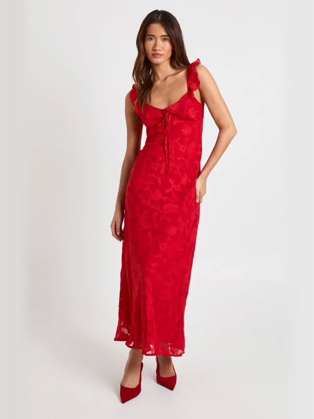 boohoo Dames Bloemen Burnout Ruffle Band Slip Jurk Rood