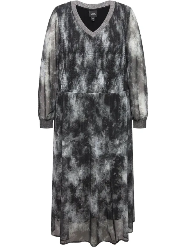 Ulla Popken Dames - Midi-jurk met rimpelingen batikpatroon V-hals lange mouwen - Zwart - Maat 54+