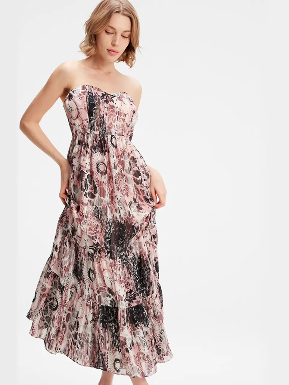 Smart & Joy Bustier Chiffon Maxi -jurk met abstracte bloemenprint Roze