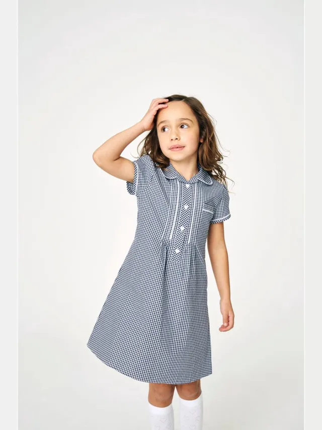 Next Meisjes - Geruite schooljurk met kant, knopen aan de voorkant en hoog aandeel katoen - Blauw Navy