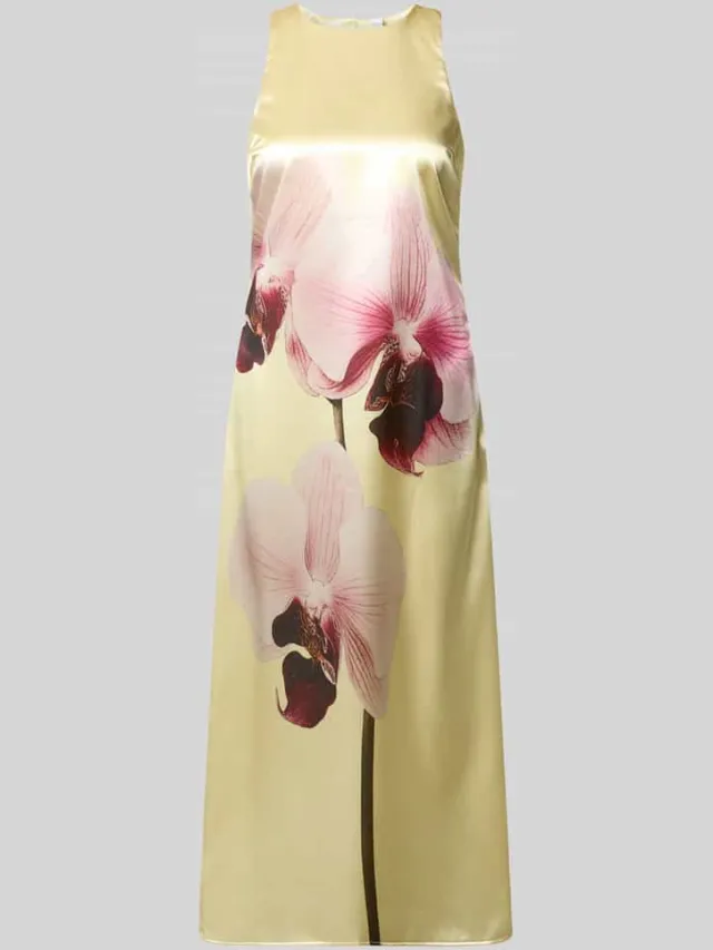 Yas A-lijn cocktailjurk van satijn met motiefprint model 'ORCHIDA' geel, foto 2
