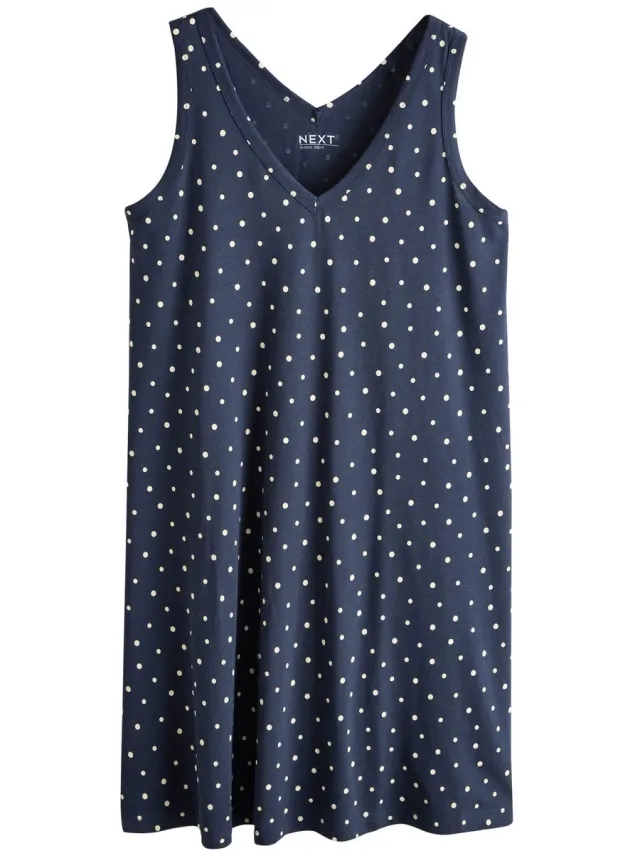 Next Dames - Mouwloze losvallende jurk met V-hals - Petite - Blauw Navy Blue Polka Dot