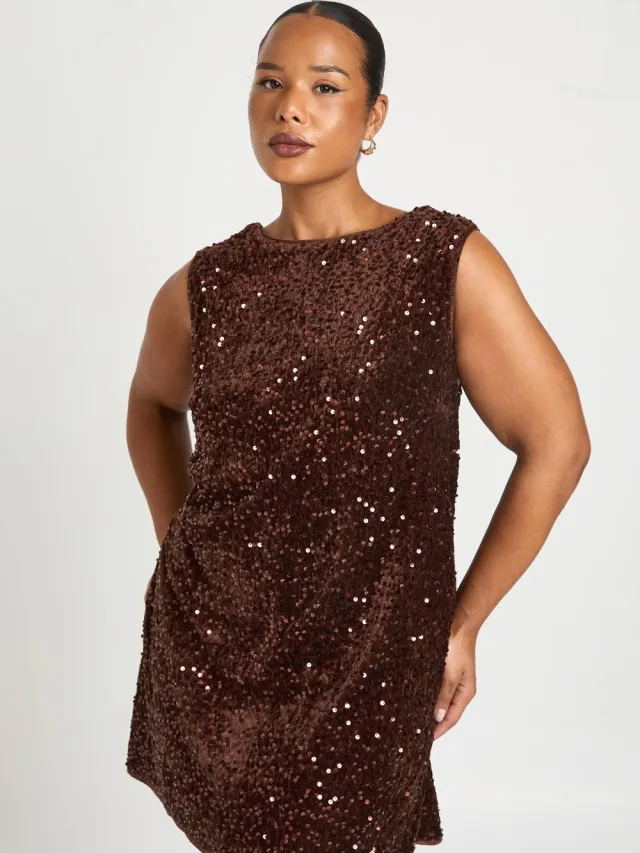 boohoo Dames Plus Fluwelen Pailletten Jurk Met Strik Op De Rug Chocoladebruin
