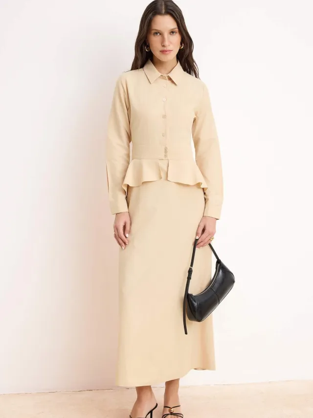 Trendyol Modest Dames Beige Effen Maxi Lang Casual Skater Modest Jurken