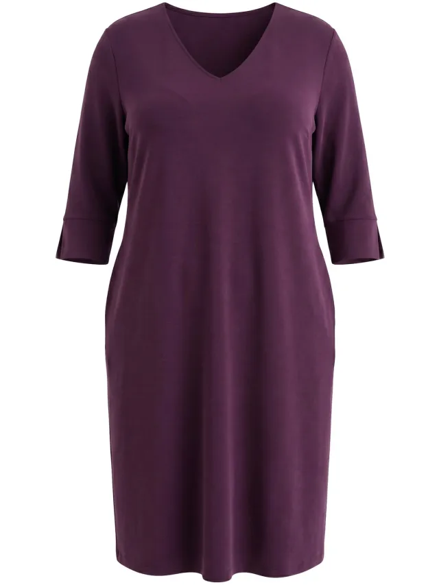 Ulla Popken Dames - Sweatjurk V-hals 3/4-mouw modalmix - Donkerpruim - Maat 54+