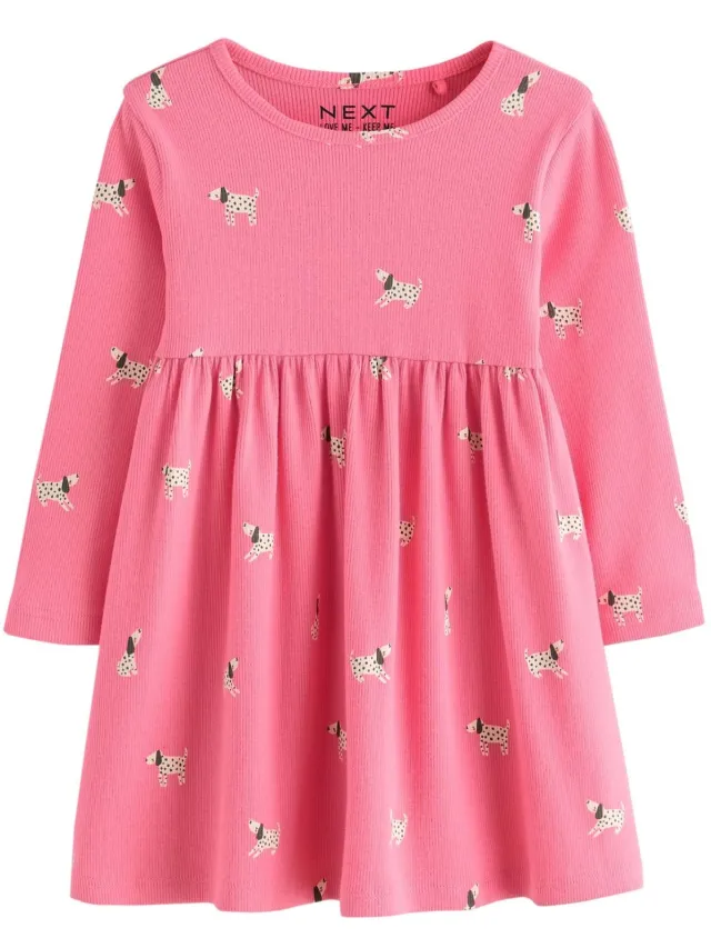Next Meisjes - Geribbelde jurk met lange mouwen - Roze Pink Dog
