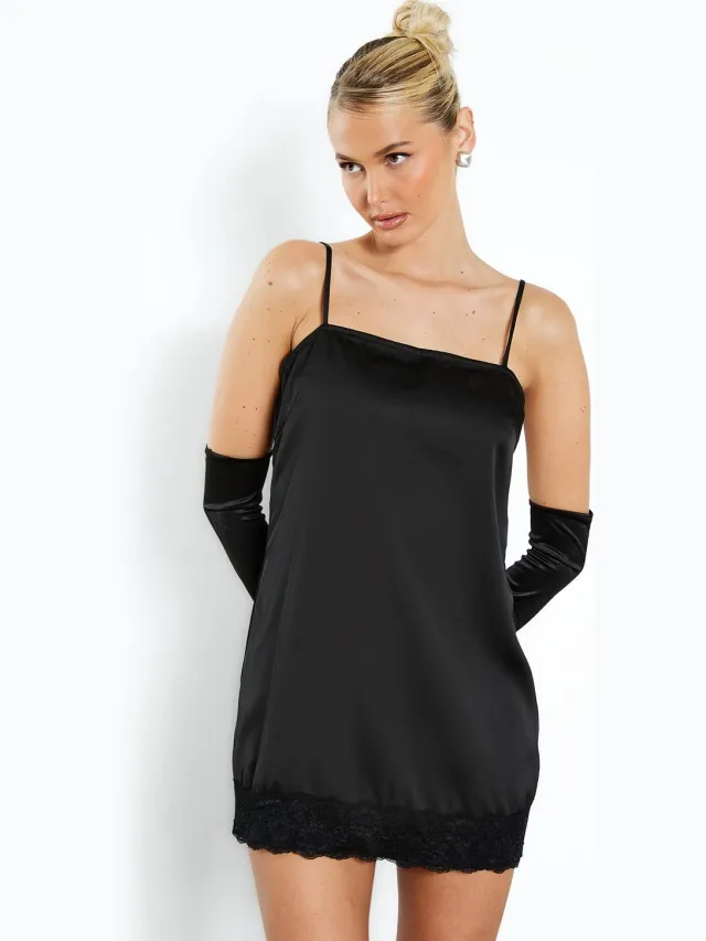 boohoo Dames Slipjurk met kanten afwerking en vierkante hals Zwart
