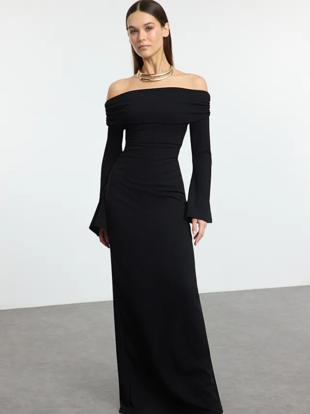 Trendyol TRENDYOLMİLLA Dames Zwart Effen Maxi Lang Gala Recht Avond & Gala Jurk