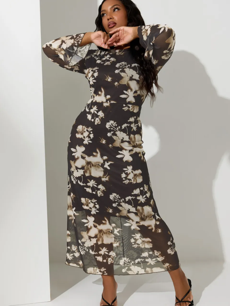 Yours London Natural Brown Floral Mesh Maxijurk, foto 2