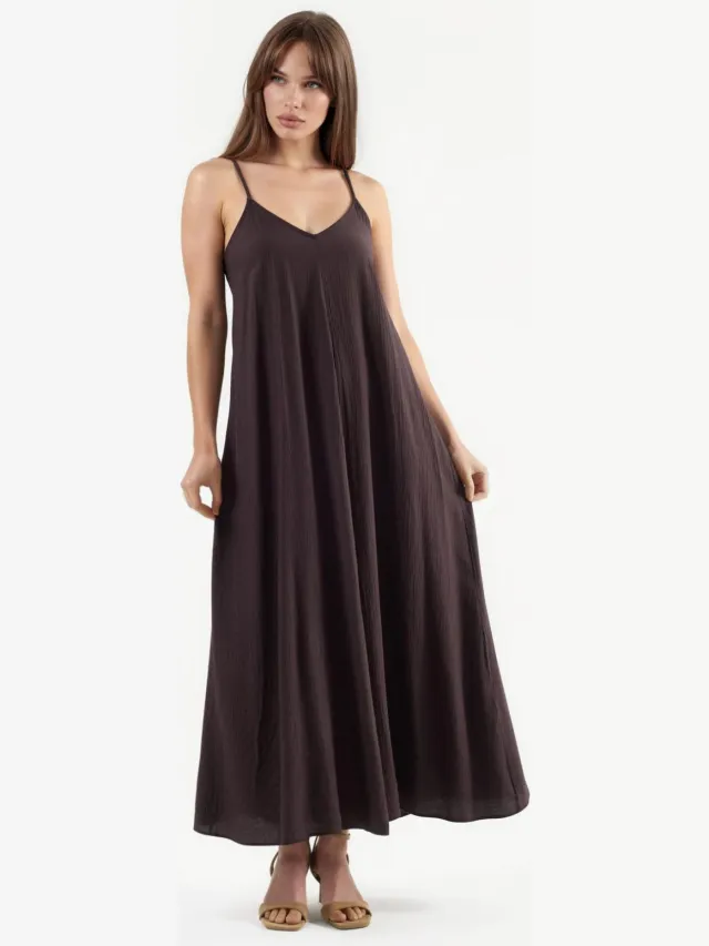 Busem V-hals Midi Slip Jurk Bruin