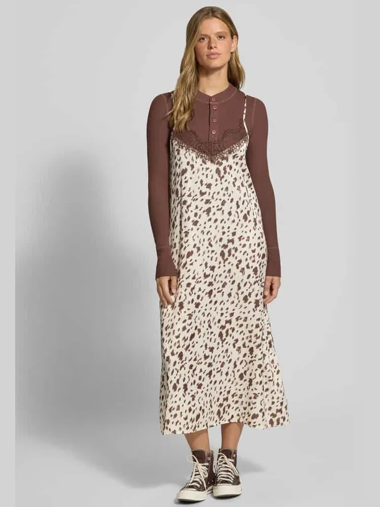 OH APRIL relaxed fit midi-jurk met kant Middenbruin