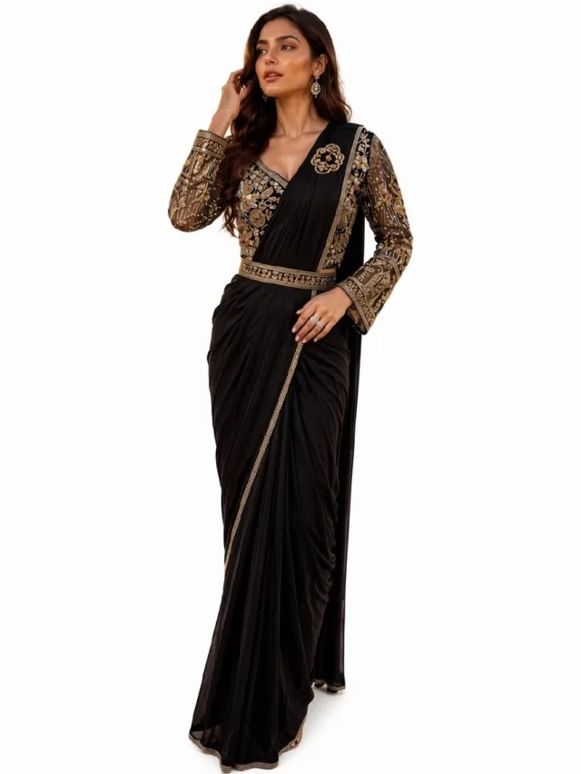 Simhera Threads Black Designer Saree with Heavy Embroidered Blouse | Party Wear Wedding Saree for Women