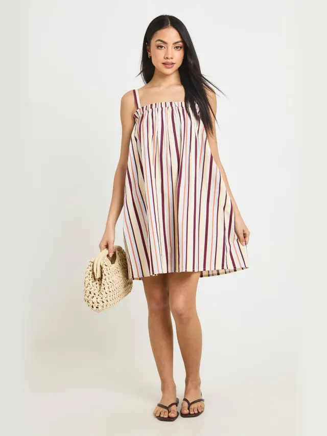 boohoo Dames Katoenen Poplin Gestreepte Swing Jurk Babyblauw