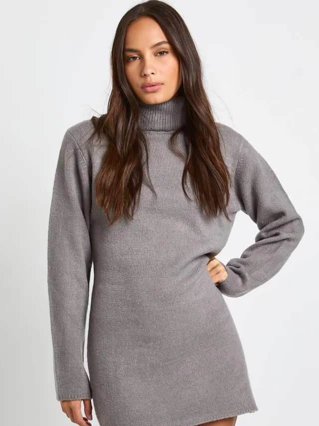 boohoo Dames Rolkraag chunky gebreide mini-jurk Grijs