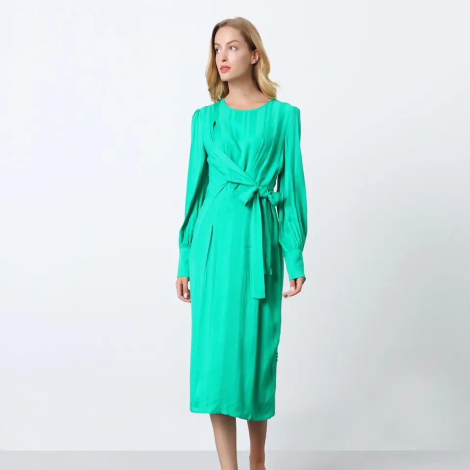 Smart & Joy Gedrapeerde jurk met lange mouwen en touw aan de zijkant groen, foto 2