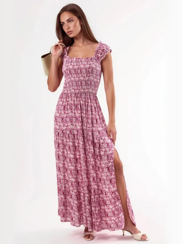 Busem Paisleyprint Maxi-jurk met Vierkante Kraag Lichtroze