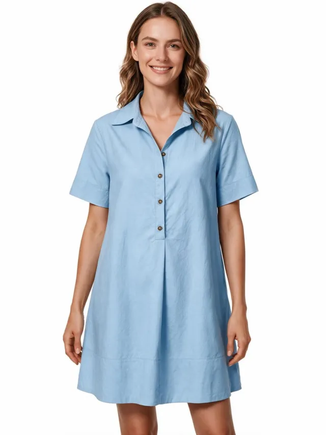 Imily Bela Dames Blousejurk met Korte Mouwen en Knopen Lichtblauw