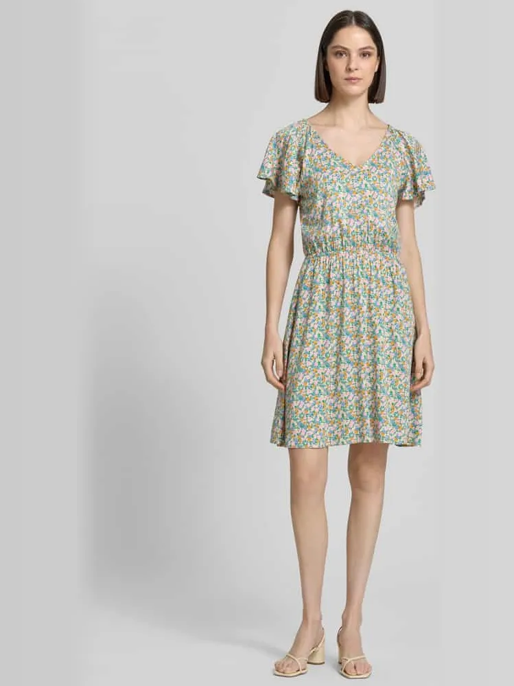 Ichi mini-jurk van viscosemix met florale all-over print model 'Aya' Lichtblauw
