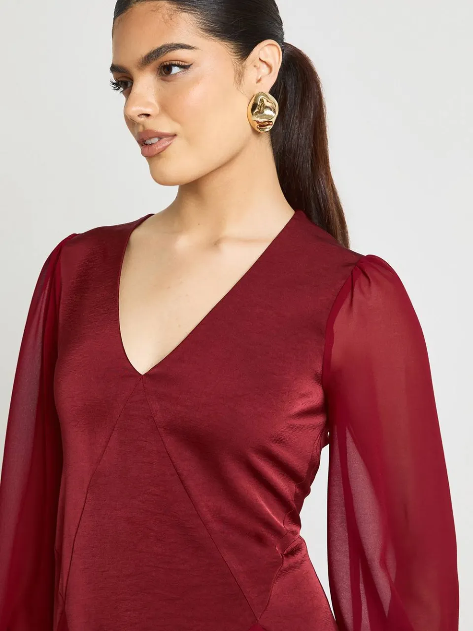 boohoo Dames Chiffon Mix Paneel Smock Jurk merlot, foto 4