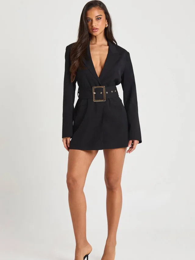 boohoo Dames Oversized gesp op maat gemaakte blazerjurk Zwart