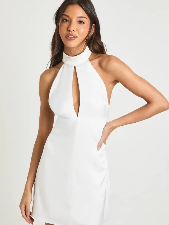 boohoo Dames Satijnen Hoge Hals Shift Jurk Wit