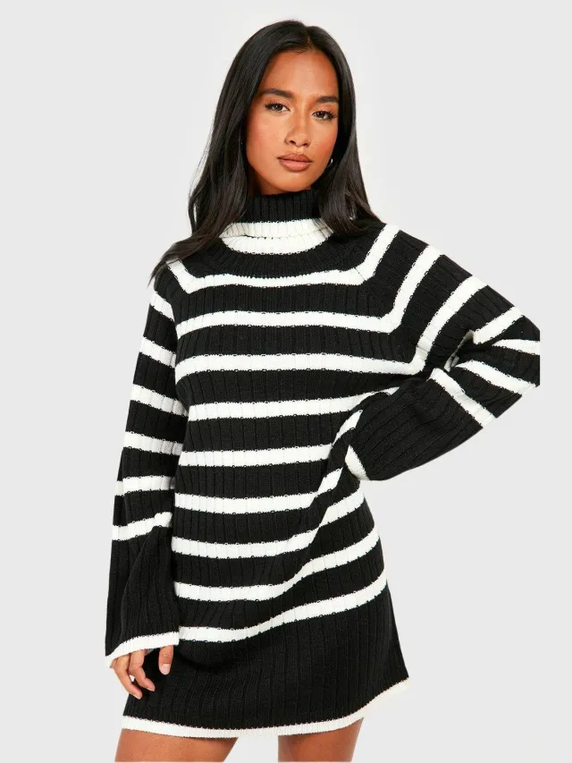 boohoo Dames Petite Rolkraag Brede Mouw Gestreepte Trui-Jurk Zwart