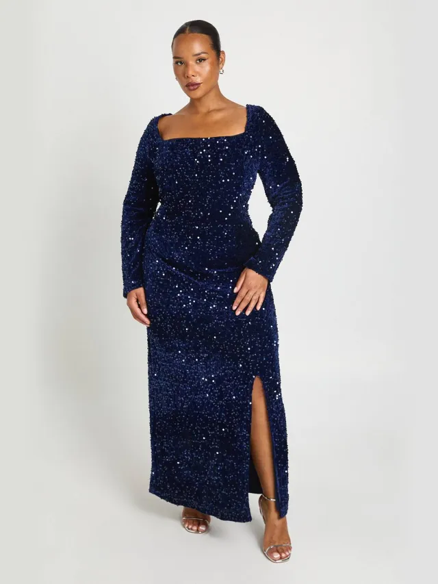 boohoo Dames Plus Vierkante Hals Lange Mouwen Jurk Marineblauw
