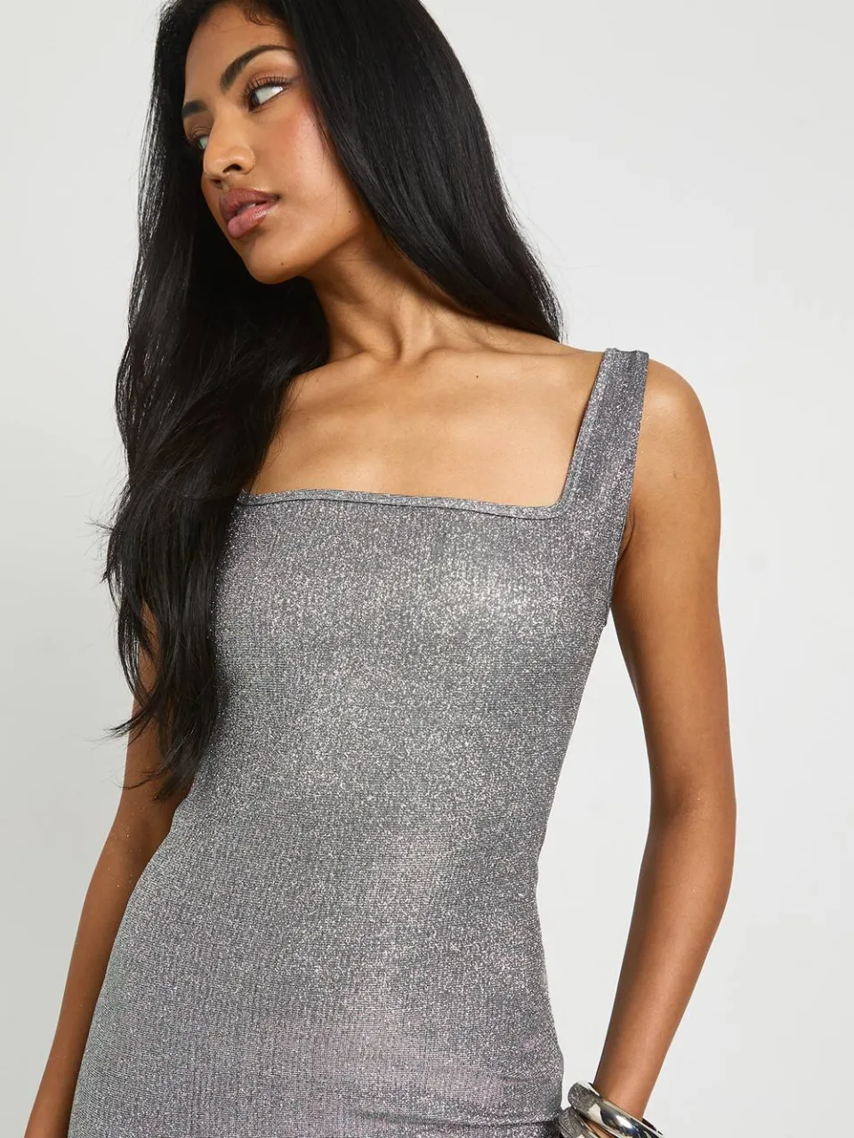boohoo Dames Glitter minijurk met vierkante hals zilver, foto 4