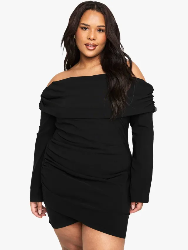 boohoo Dames PLUS BENGALINE LANGMOUWIGE BARDOT MINijURK zwart, foto 2