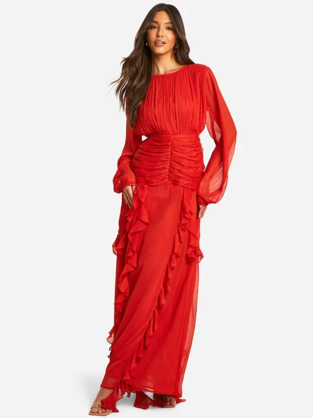 boohoo Dames Crinkle Chiffon Ruffle Maxi Jurk Russet