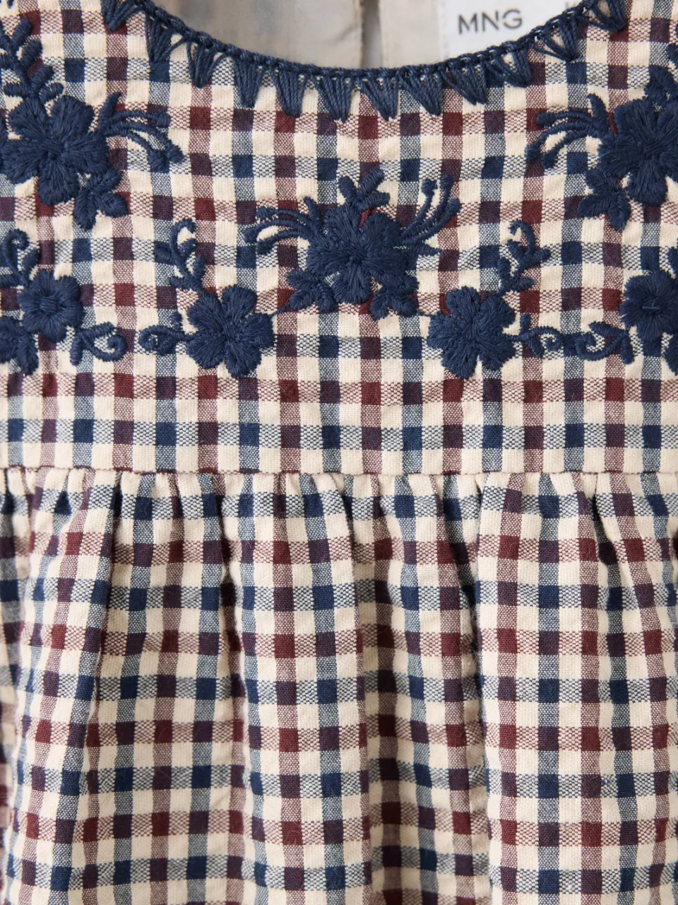 Mango geruite korte A-lijn jurk met ruches marineblauw/ecru/rood, foto 5