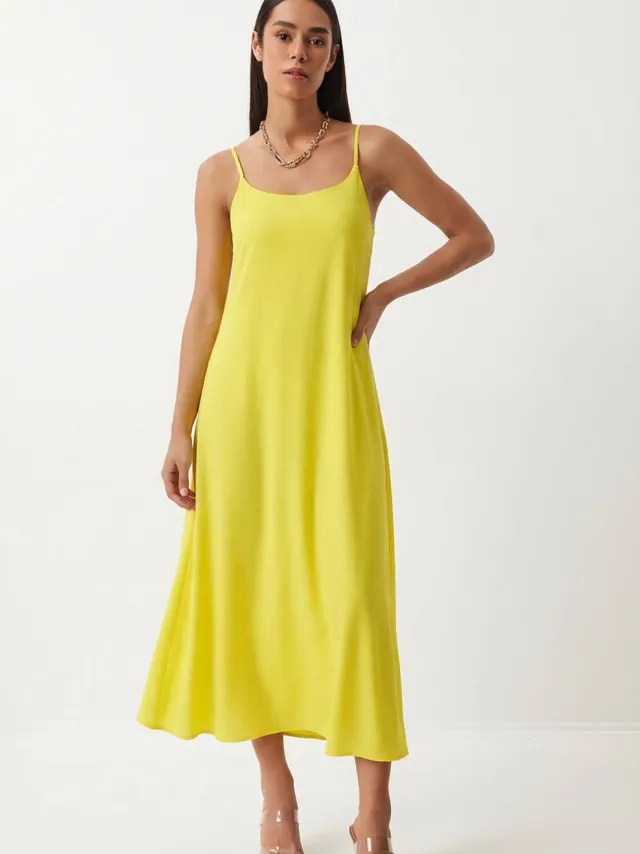 Happiness Istanbul Katoenen Poplin Midi Slip Jurk Geel