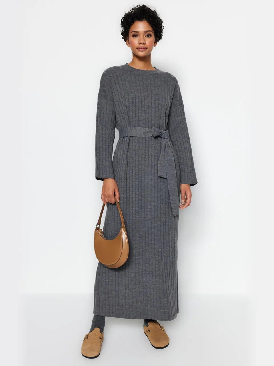 Trendyol Modest Dames Grijs Effen Maxi Lang Casual A-lijn Modest Jurken, foto 2