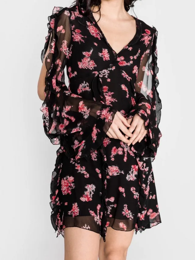 Pinko • zwarte jurk met roze bloemen • maat 34 (IT40)