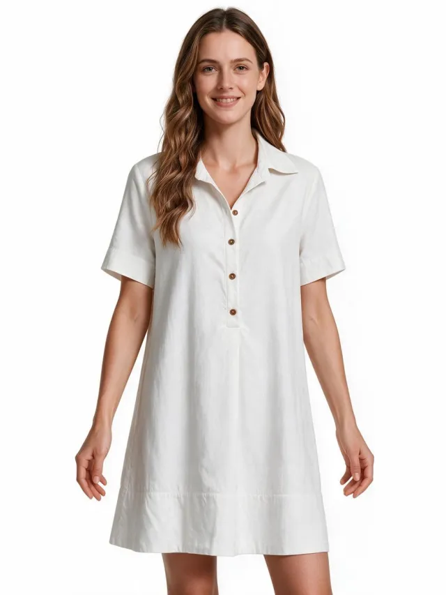 Imily Bela Dames Blousejurk met Korte Mouwen en Knopen wit
