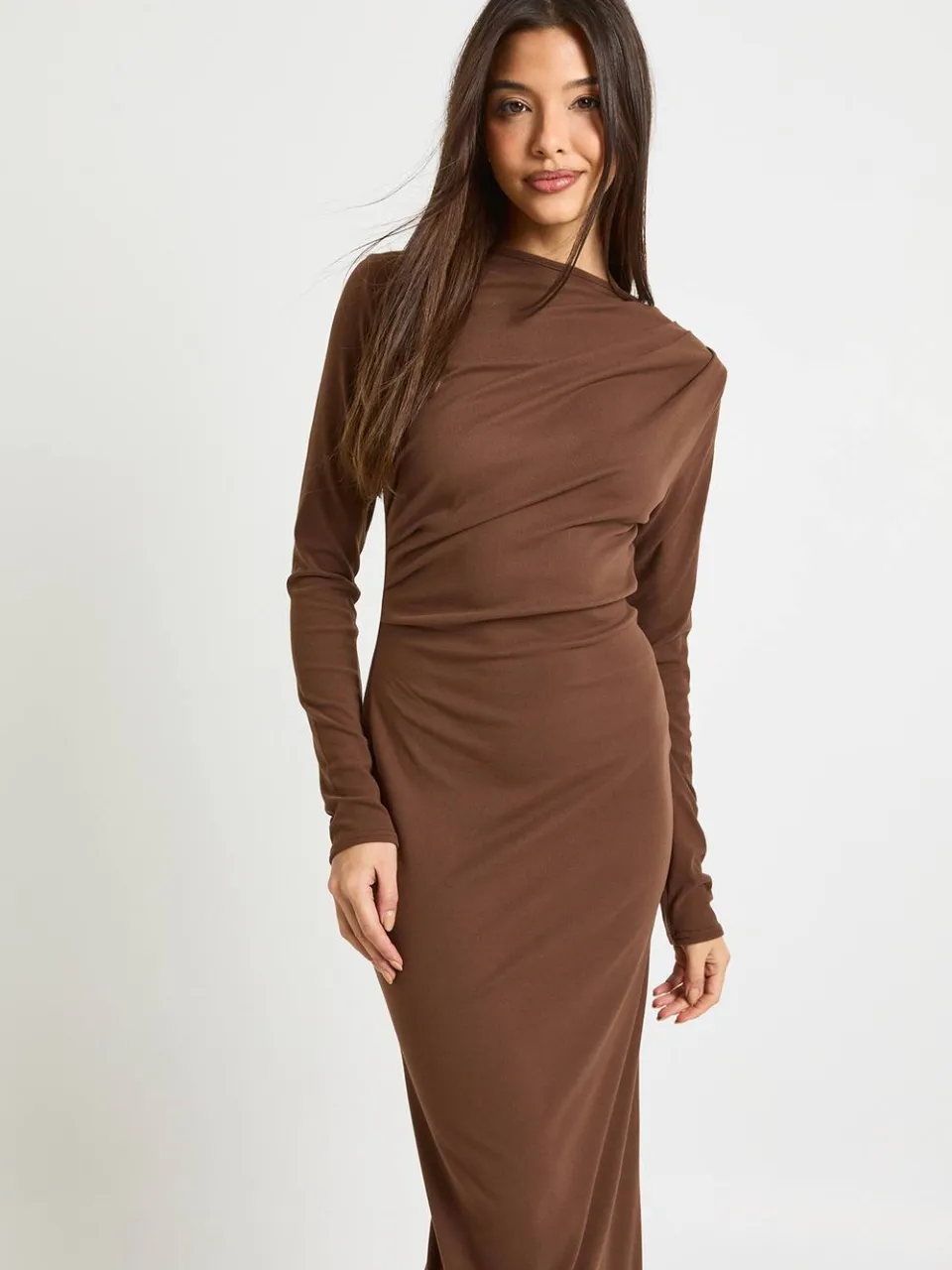 boohoo Dames Geruched lange mouwen midaxi jurk chocoladebruin, foto 3
