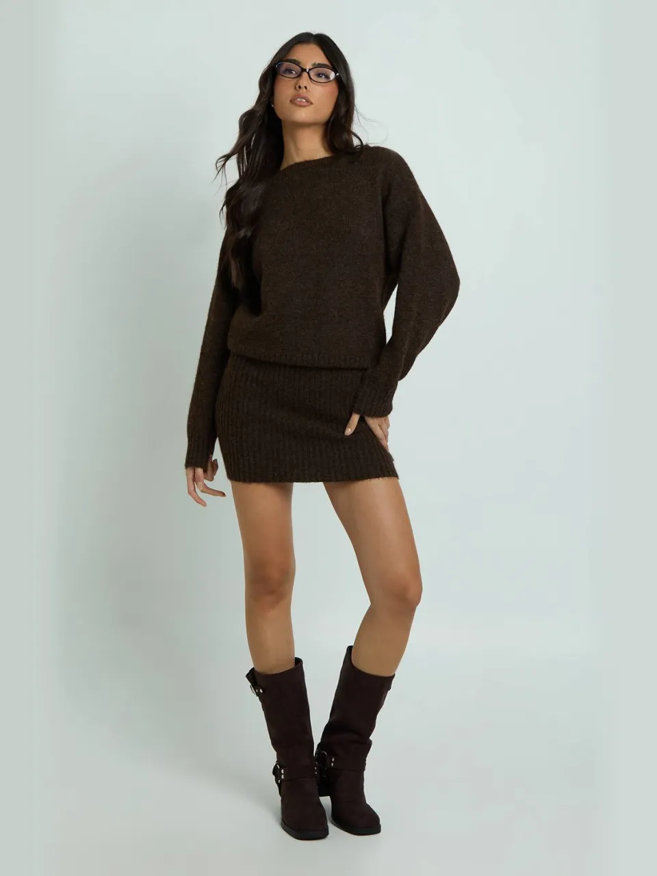 boohoo Dames Gebreide Mini-jurk Met Getailleerde Zoom chocoladebruin, foto 2