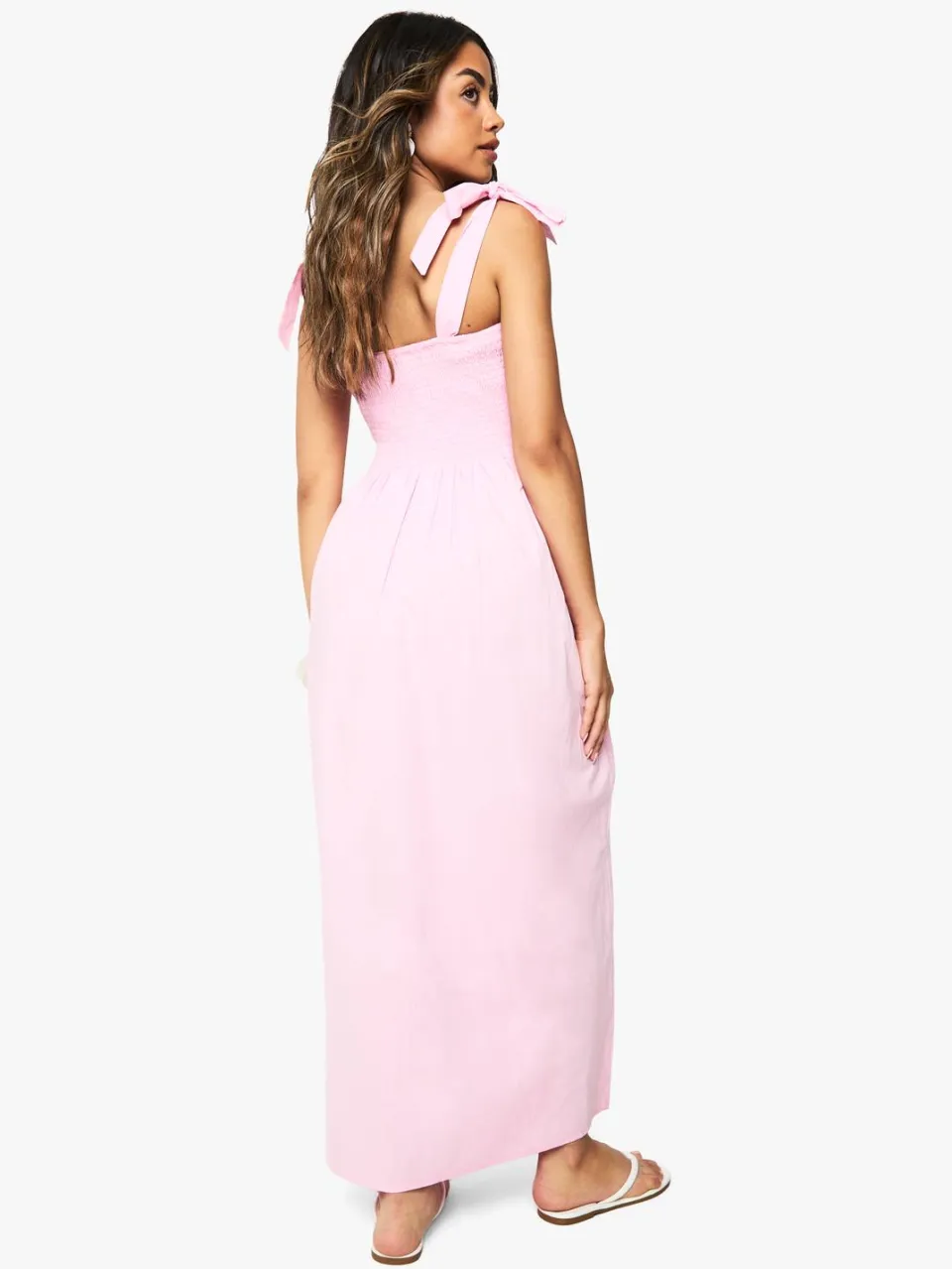 boohoo Dames Maxi-jurk van poplin met geraffeld lijf en bandjes om vast te knopen roze, foto 2