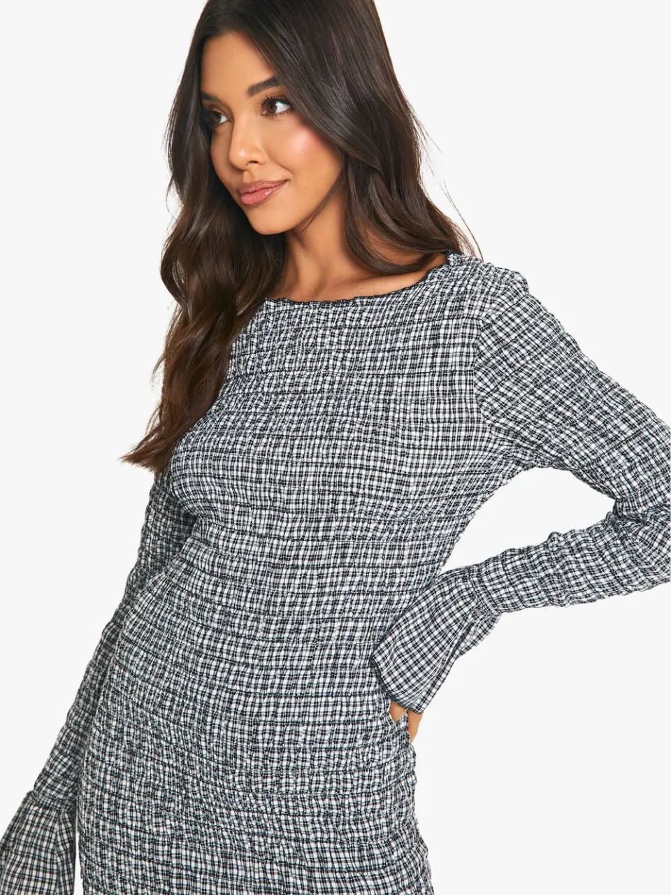 boohoo Dames Check Shirred Langarm Mini Jurk zwart, foto 4