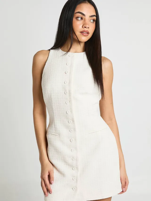 boohoo Dames Mini-jurk Met Knoopsluiting Van Boucle In Getailleerd Model wit, foto 3