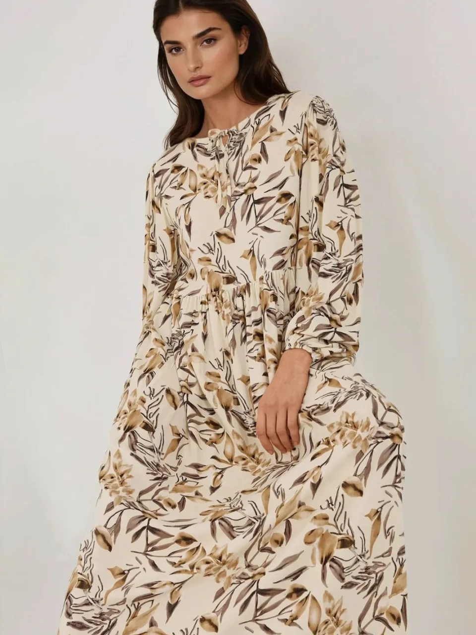 Hiccup Bloemenprint Lange Mouwen Viscose Maxi Jurk Naturel