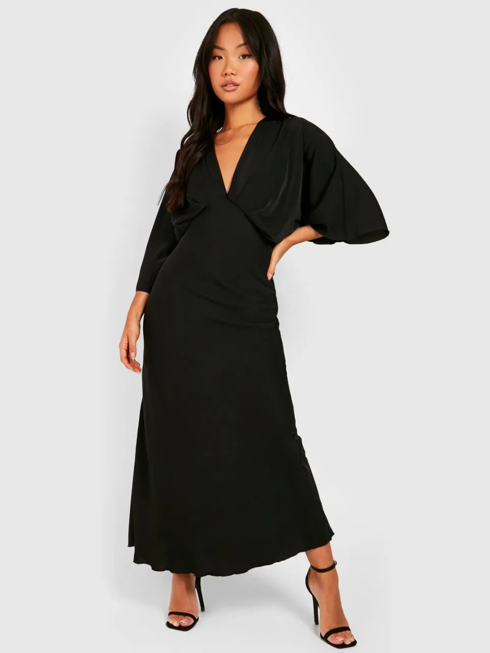 boohoo Dames Petite Bias Cut Engelmouwen Maxi-Jurk zwart, foto 2