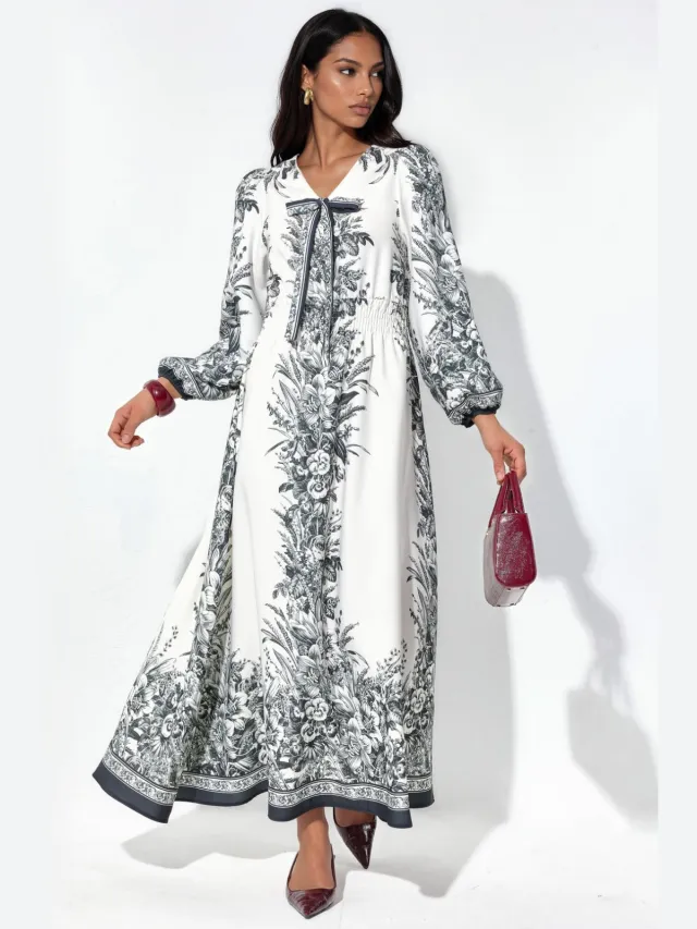 MSN Collection Geprinte V-hals Maxi-jurk met Strikdetail Veelkleurig