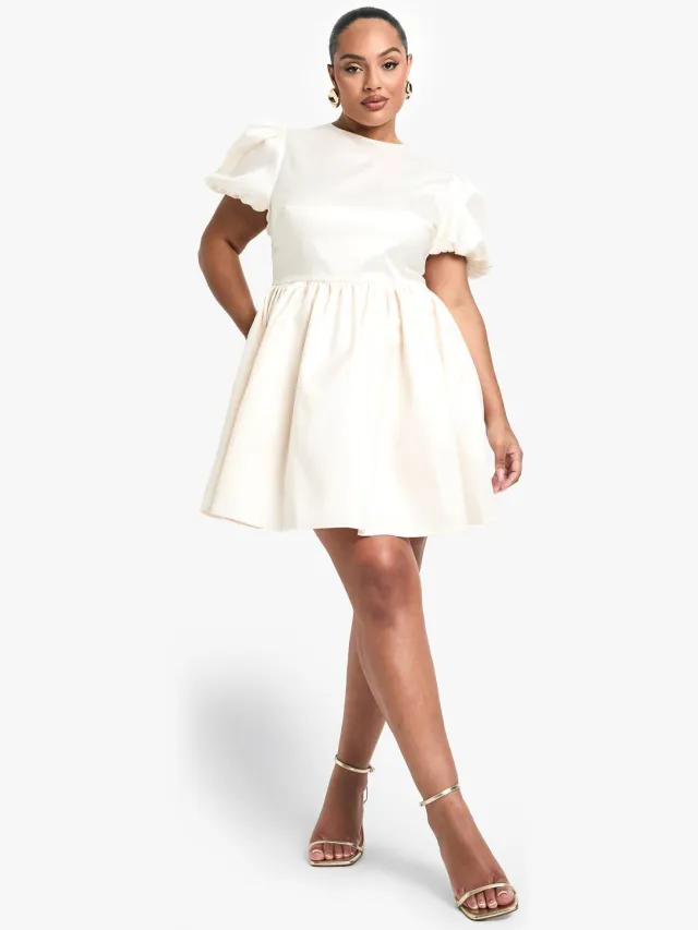boohoo Dames Plus Taffeta Boog Rug Pofmouwen Skaterjurk Ivoor