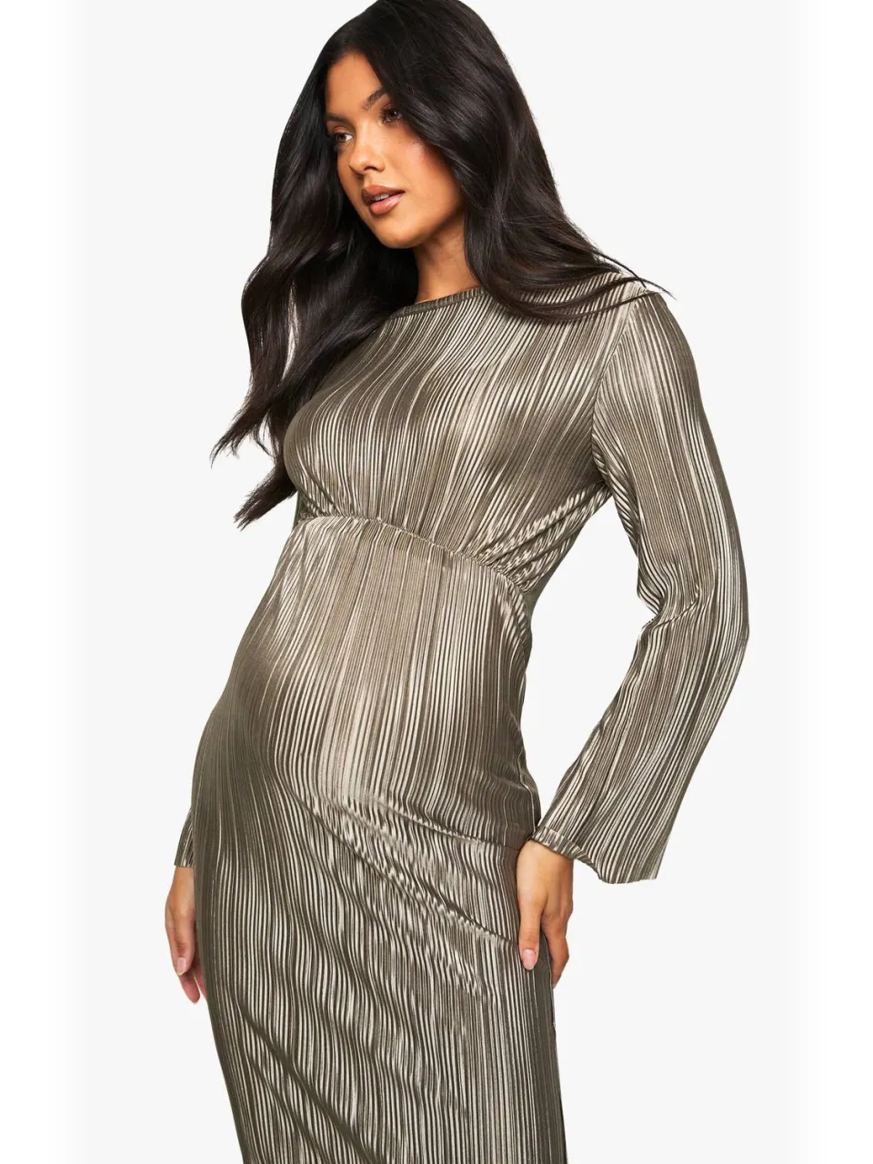 boohoo Dames Zwangerschaps Plisse Batwing Midaxi Jurk licht kaki, foto 3