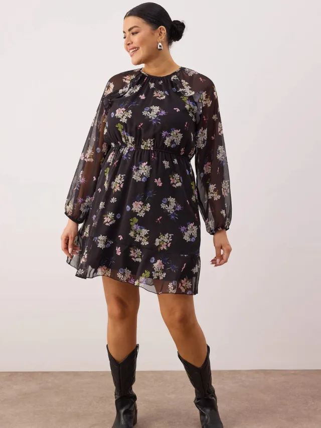 Trendyol Curve Dames Zwart Bloemen Kort / Mini Lang Casual A-lijn Grote maten Jurk