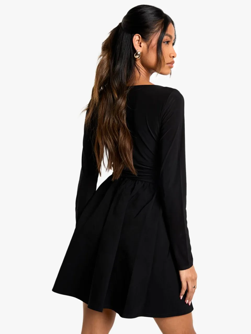 boohoo Dames Bengaline en Slinky Mix Plunge Mini Jurk zwart, foto 2