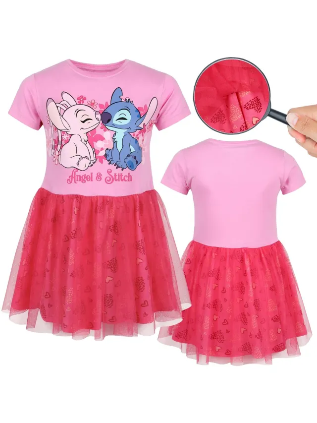 Disney Stitch Roze tule jurk met korte mouwen, meisjesjurk